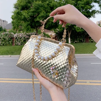 Чанта през рамо с метална текстура за жени, украсени със скъпоценни камъни чанти за жени 2023, женствена чанта с перлата на мъниста, модерна чанта-клатч за абитуриентски бал за момичета