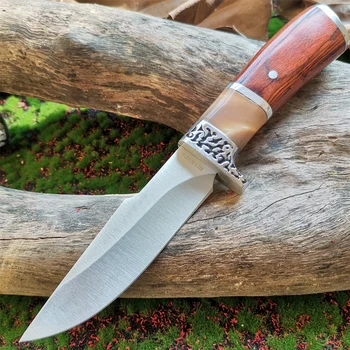 Висококачествен Директен Нож с Острие 8CR13MOV с дървена Дръжка за Оцеляване в Нощуване на открито, Лов и самозащита