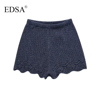 EDSA/ Дамска Мода Плетени Шорти с изрезки, Обикновена Летни Къси Панталони с висока еластична талия, Градинска Облекло