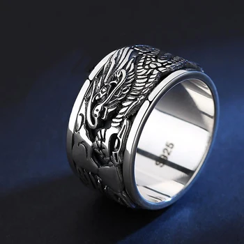 Оригинален мъжки пръстен с тайландски сребро резным дракон в ретро стил, арогантен, въртящи, бизнес стил, леки луксозни бижута