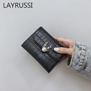 LAYRUSSI/ Женски Модерен Чантата с Перлата на Елен, Дамски Модни Къси Портмоне От изкуствена кожа с петна 