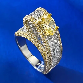 Сребърен пръстен с високо съдържание на въглерод и диамант с овална форма 6* 8 S925 Женска творческа личност, преувеличивающая европейската и американската трансграничную лукс