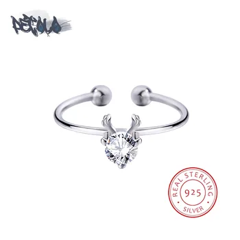 Пръстен от сребро S925 за жени, творческа пръстен във формата на рога на лосове с регулируем отвор за двойка пръстени със скъпоценни камъни