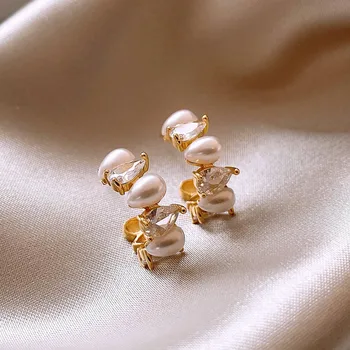 Малки и компактни обеци с перли и цирконии, прост дизайн, луксозен темперамент, сребърни обеци-игла за жени, бижута.