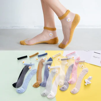 1 Чифт Летни ултра-тънки от женските Чорапи, Прозрачни Копринени чорапи в корейски стил с малки маргаритками, дамски чорапи до Глезена