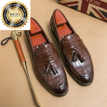 Мъжки обувки от естествена италианска маркови кожа с пискюли, ежедневни бизнес лоферы за офис и банкет