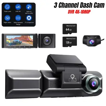 M550 3-Канален видеорекордер 4K + 1080P Автоматична Камера, G-Sensor Вграден WiFi GPS с 64 GB/128 GB SD карта за Нощно Виждане IR