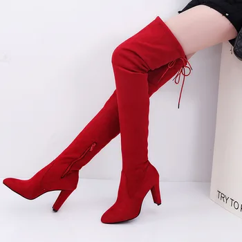 2023 Нови дамски ботуши с дълъг ръкав над коляното, Чубрица удобни Червени Елегантен Модерен Класически дамски обувки голям размер обувки с високи токчета