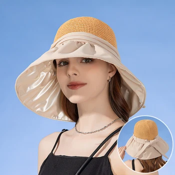 Дамски шапка Рибар с лък, солнцезащитная шапка с голяма периферия, обхващащи лицето, Дамски слънчеви шапки, Плажни шапки-кофа, Шапка за басейна, пътна шапка с козирка