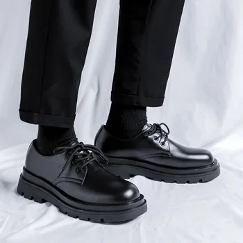 мъжки ежедневни бизнес офис облекло, обувки от естествена кожа, черни обувки-дерби дантела, джентльменская дишаща работна обувки на платформа