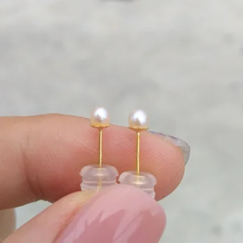 Елегантни и очарователни обеци с перли АААА + Mini 3-4 мм в Южното море, истински естествени бели кръгли перлени обеци от чисто злато, 18 Карата, Безплатна доставка