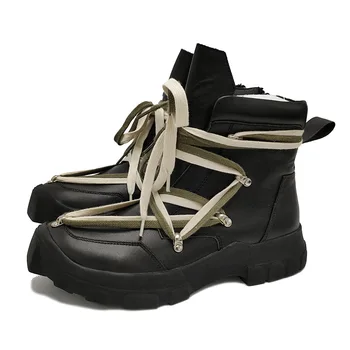 Модни Мъжки обувки на кръстосана Дантела с Геометричен Модел, Къси Ботуши с висок Берцем От естествена телешка кожа в оребрена Подметка, Chaussure Masculino, Есен 2023