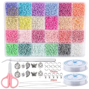 Комплекти разноцветни стъклени мъниста в бохемски стил на 24 клетка с пластмасова кутия за малки момичета, колие Направи си сам
