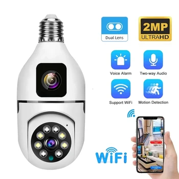 Мини Wifi камера с двойна леща 1080P нощно виждане E27, Лампа 360 ° Вътрешна безжична IP камера следи бебето V380 ВИДЕОНАБЛЮДЕНИЕ Защита на сигурността на