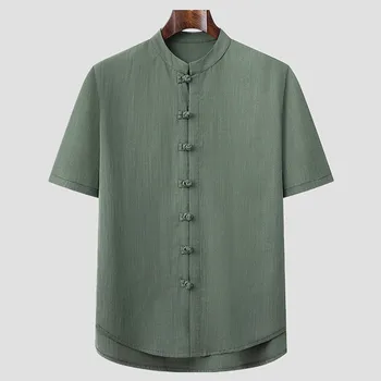 2023 Нови Китайски Мъжки Блузи Tang Linen с къси ръкави, Однотонная Традиционна Риза Hanfu в Китайски Стил Кунг-фу, Големи Размери 4XL 5XL