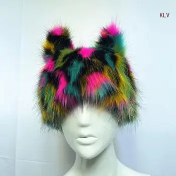 Плюшен шапчица цветове на дъгата, утепленная шапка с кошачьими уши, мека зима и топло плюшен капачка, подаръци за студената зима, за студенти и младежи