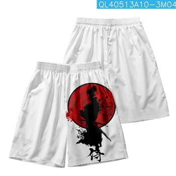 Улични шорти Ежедневните Свободни В японски стил с принтом самурай, бели Мъжки и женски къси панталони с еластичен ластик на талията, по-големи размери 6XL