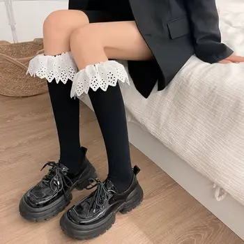 Обикновена Черни Бели Дълги Чорапи, Чорапи JK, Чорапи с кружевными накъдрен в Японски стил, Дамски Чорапогащи в стил Лолита 