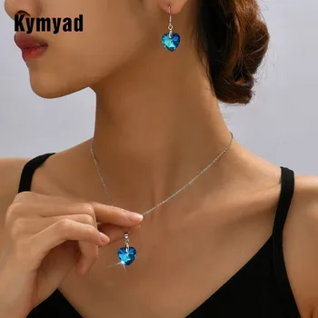 Kymyad Колие в корейски стил, обеци, комплект за жени, кристалното синьо сърце, висулка, колиета, дамски комплекти украси за партита