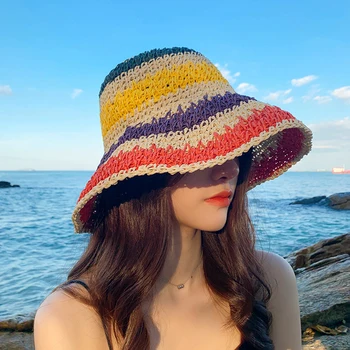 Дамска Сламена шапка-кофа, Лятна Сгъваема Панама Rainbow, Дамски Плажната солнцезащитная шапка с широка периферия, козирка за пътуване на открито