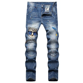 Тенденцията дънки с цип 2023, Мъжки скъсани тесни дънкови панталони с бродерия, Нови стрейчевые сини байкерские панталони в стил хип-хоп