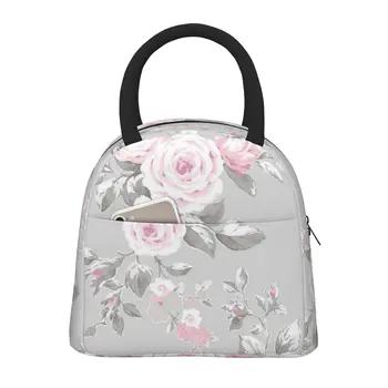 Чанта за обяд с розово цвете за жени, голямо множество случайна кутия за обяд за работа, сгъваема чанта за офис за възрастни