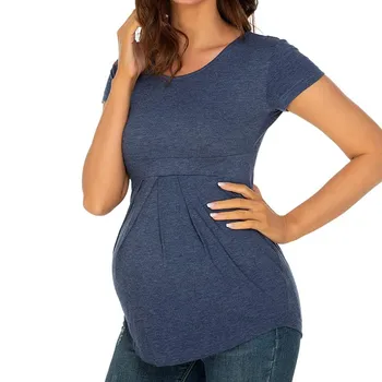 Женска тениска с нередовни подолом за бременни, Ежедневни тениска с кръгло деколте и къс ръкав, основни гамаши за бременни, дамски топ за бременни