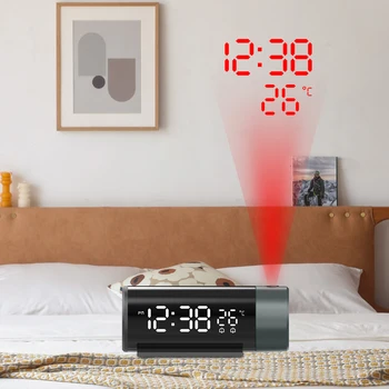 Цифров прожекционен алармата със завъртане на температурата на 180 °, електронни настолни часовници USB, нощни часове, за да спални, функцията 3D повторение на стената
