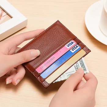Държач за кредитни карти от естествена кожа, Тънки минималистичные джобни портмонета За мъже и жени, 6 отделения за карти, 1 джоб за монети