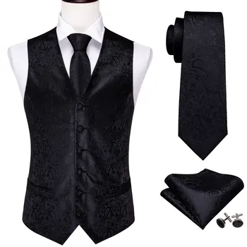 Дизайнерски Черен жилетка за мъжете, Коприна жилетка с бродерии Пейсли, вратовръзка с Квадратна джоб, монтиране Официално сватбен костюм Бари Уонг