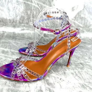 Лято 2023, Нови Сандали на висок ток С кристали, дамски Фантазийные обувки на токчета в стил Жокера, Модел обувки на висок ток с тока и каишка