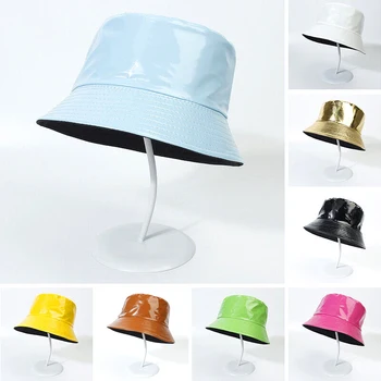 2023 Цветна лъскава Рибарска шапка за мъже и жени, светли кожена двустранен шапка-кофа, лятна шапка-козирка с плосък покрив