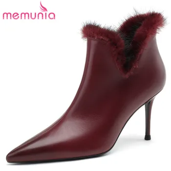 MEMUNIA/2023, Размери 33-40, Нови зимни обувки от естествена кожа, пикантни женски ботильоны с цип, Ботуши на тънък висок ток с остър пръсти