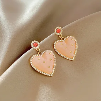 Модерни розови, Прозрачни прасковени Обеци във формата на сърца, инкрустирани с кристали, Модни Темпераментни Обеци, бижута сватба