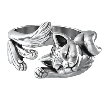 Пръстен във формата на котка, светеща фигурка на животно, отворен Пръстен, бижута на пръст от сплав, Регулируема подарък в ретро стил за жени и мъже