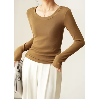 Есенно-зимни тениска с кръгло деколте и винтова резба, дамски панталони основни върхове са с високо еластична дълъг ръкав