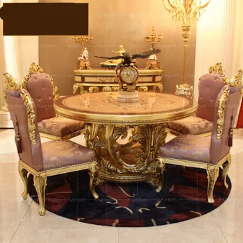 изработена по поръчка, мебели за вила Европейския маса за хранене от масивно дърво Френски луксозен кръг стол с резби от златно фолио