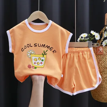 Летен Детски комплект с къси ръкави, новост 2023 г., Детска тениска от чист памук, Панталони с еластичен ластик на кръста, един Сладък комплект за вкъщи с чертеж