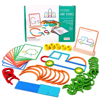 Дървени Творчески пръчки и пръстени Пъзел Интелектуалната игра на Монтесори за деца от най-ранна възраст Забавни играчки за децата на 3 години