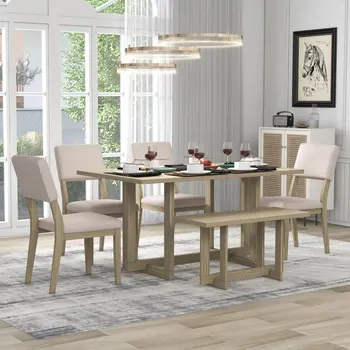 Натурален дървена маса за хранене от 6 теми, H-образен дизайн опора, маса за хранене, четири стола с меки възглавници и една дървена пейка