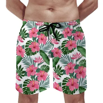 Плажни шорти с тропически палмови листа, Плажни шорти Оверсайз За Почивка, Розови Мъжки Бански с Цветен Модел на хибискус, Удобни
