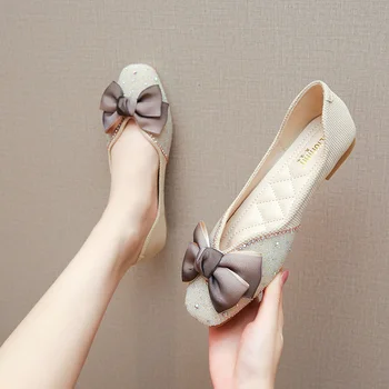 Тънки обувки в корейски стил за всеки ден със затворени пръсти, пролет и есен 2023, нови обикновена аксесоари с папийонка, дамски обувки на ниска плоска подметка