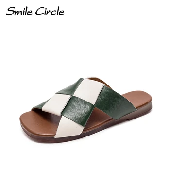 Дамски сандали Smile Circle, летни сандали на равна подметка от естествена кожа в клетката, модерни чехли с мека подметка