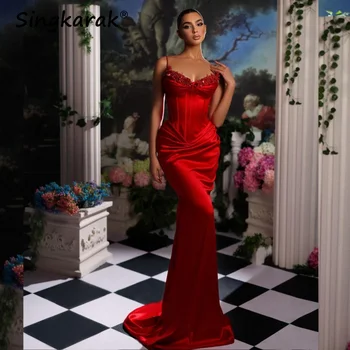Блестяща Червена рокля за бала в Дубай 2023, Бретельки, Мъниста, Перли, Кристали, Мексикански вечерни рокли на Русалка, облекло за сватбеното парти