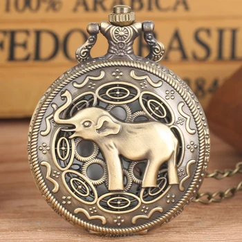 Кварцови часовници джоб с бронзов азиатски слон, Детски мъжки Дамски Изискани Кухи колиета, джобни часовници с окачване, Старинни часовници, подаръци