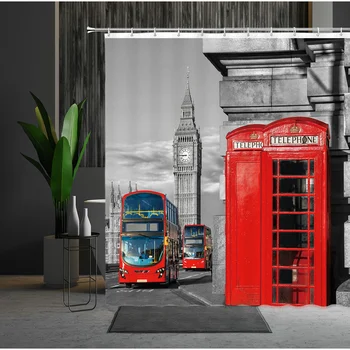 Лондонски уличен пейзаж, Завеса за душ, Великобритания, Червен автобус, Телефонна будка, Модел, Полиестерен плат, Завеса за баня, Обзавеждане за баня