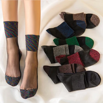 Летни модни дамски тънки прозрачни чорапи, блестящи кристални копринени чорапи, красиви дантелени брилянтни къси ластични чорапи Meias