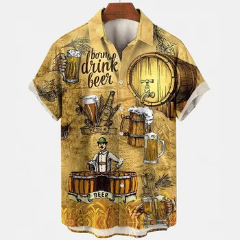Мъжка риза с шарките на бирена чаша, Мъжки дрехи с 3D принтом Хамбург, Хавайска риза с къс ръкав, Модерен Висококачествен Топ Оверсайз