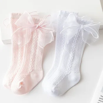 Нови чорапогащи до коляното за момичета с големи панделки, Дълги чорапи за деца, Меки памучни чорапи за бебета, детски чорапи