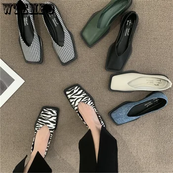 Пролетни нови удобни дамски обувки на плоска подметка, оригинални Лоферы без обков с квадратни пръсти, дамски ежедневни обувки 35-40